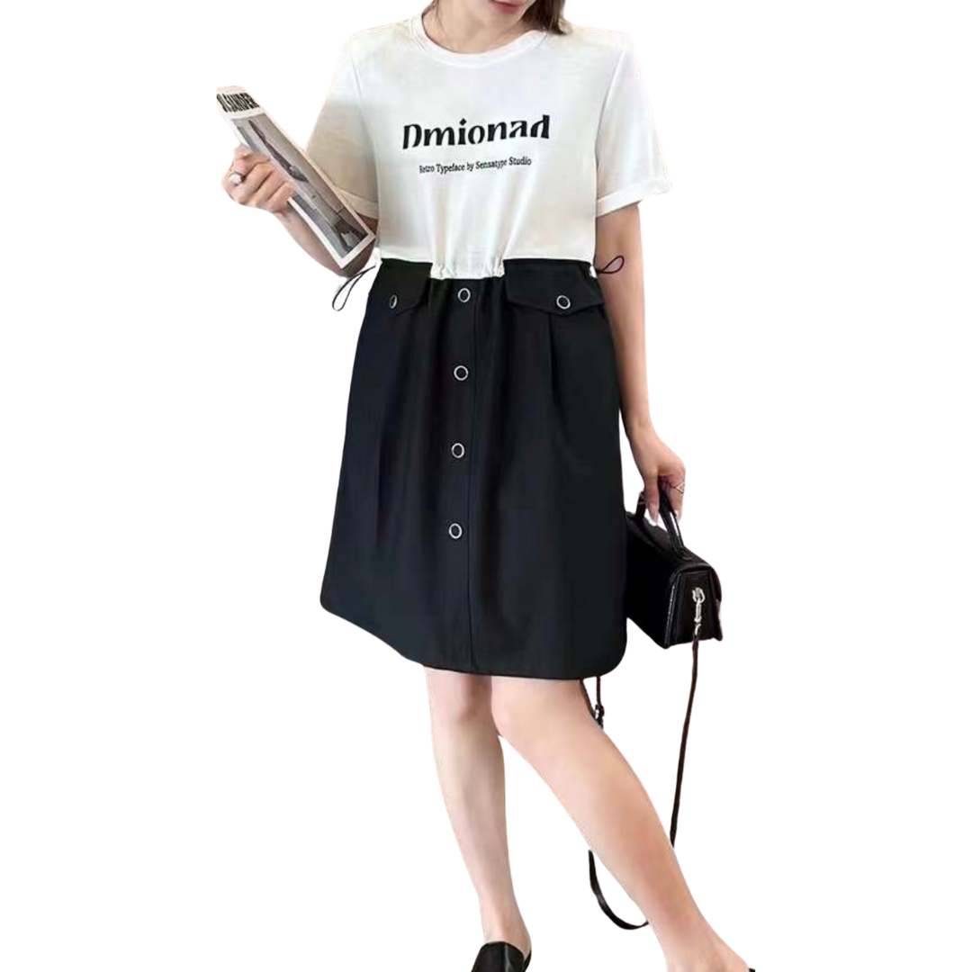 Short Sleeve Letter Print T-Shirt Ruffled Waistband Long Skirt