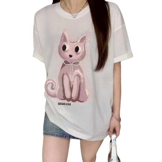 Cat Printing Relax Fit Short Sleeve T-Shirt