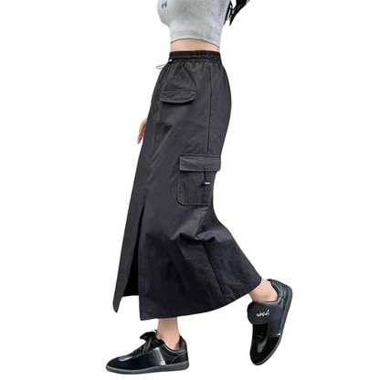 Casual Skirts Pocket Side Drawstring Waist Parachute Long Black Skirt