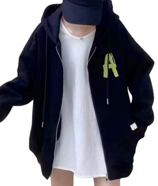 Fleece Letter Zip Up Oversized Jacket