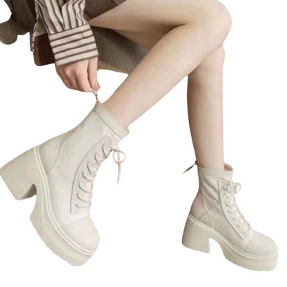 Lace-Up Mid Claf Leather Thicker Platform Boots