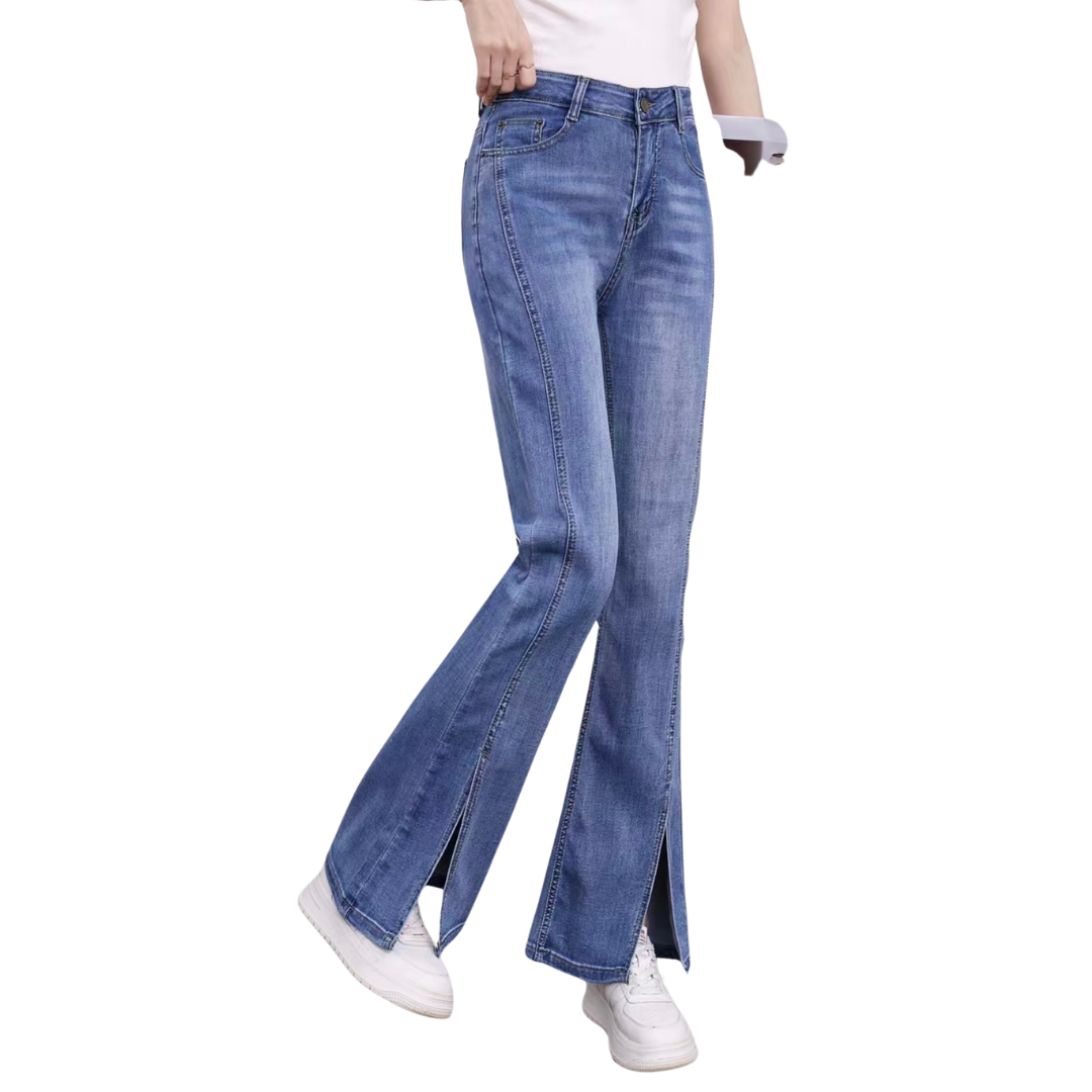 Mid Waist Washed Slit Bootcut Jeans