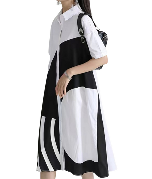 Chic Patterned Oversized Black White Color Blocking Dress