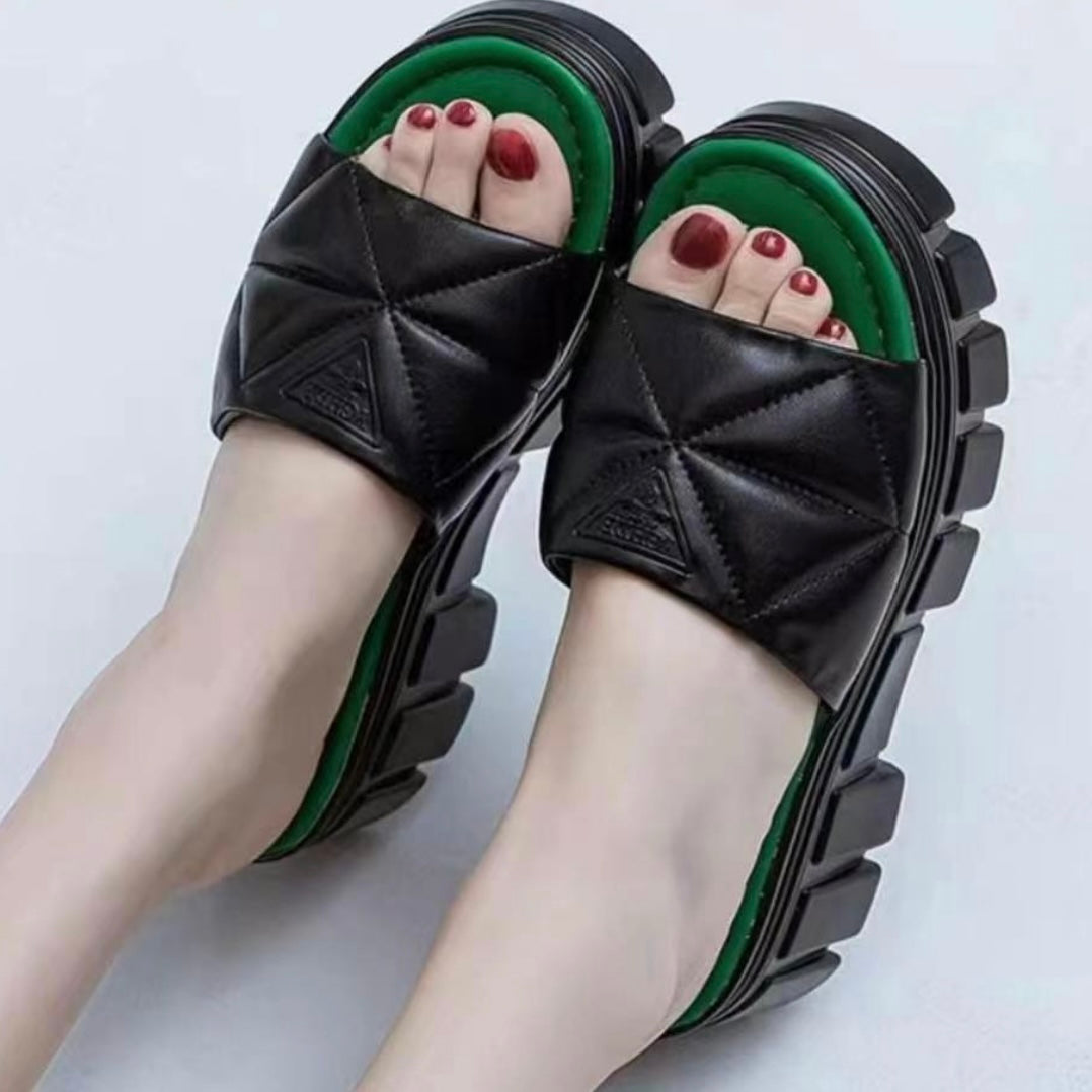 Classic One Strap Casual Slides Open Toe Leather Platform Slippers