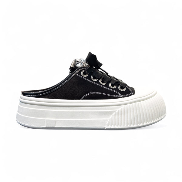 Jeweled Satin Platform Mule Flats