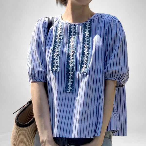 Embroidered Stripe Puff-Sleeve Blouse