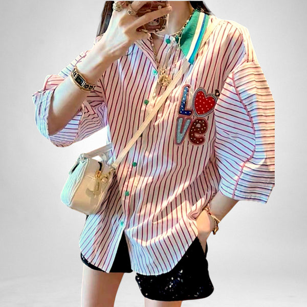 Playful Varsity-Striped Embroidered Shirt