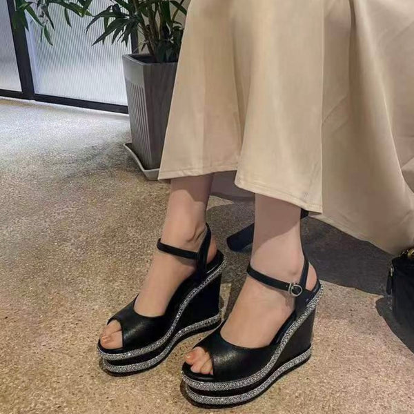 Crystal-Trim Wedge Sandals