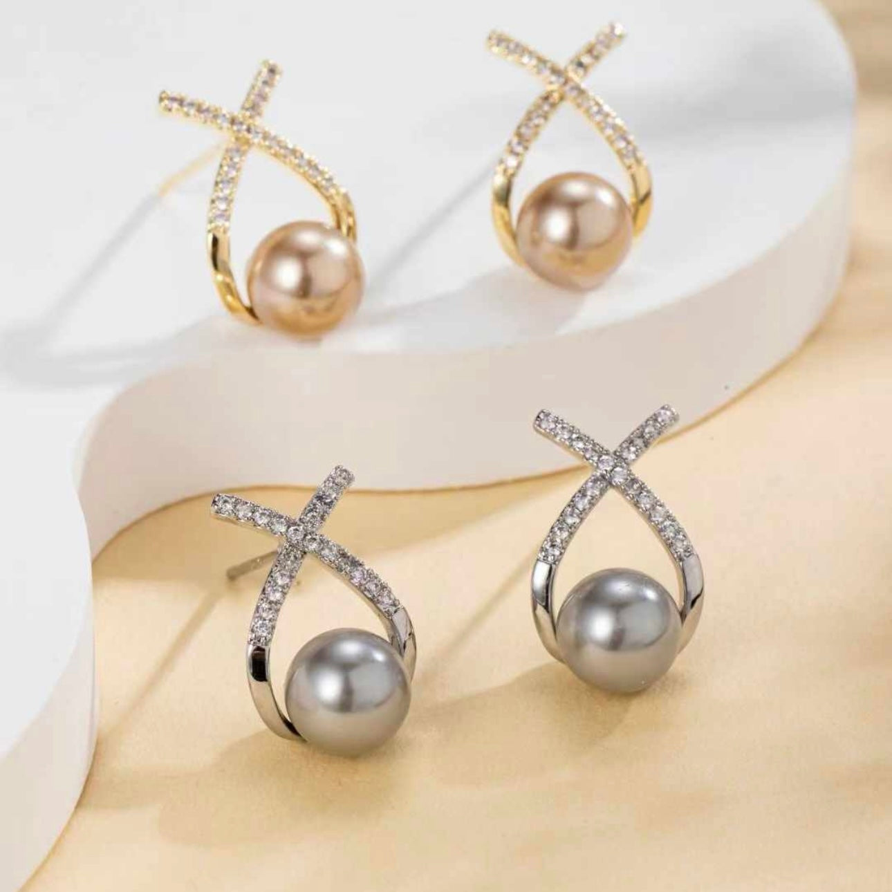 X Shaped Pearl Earrings