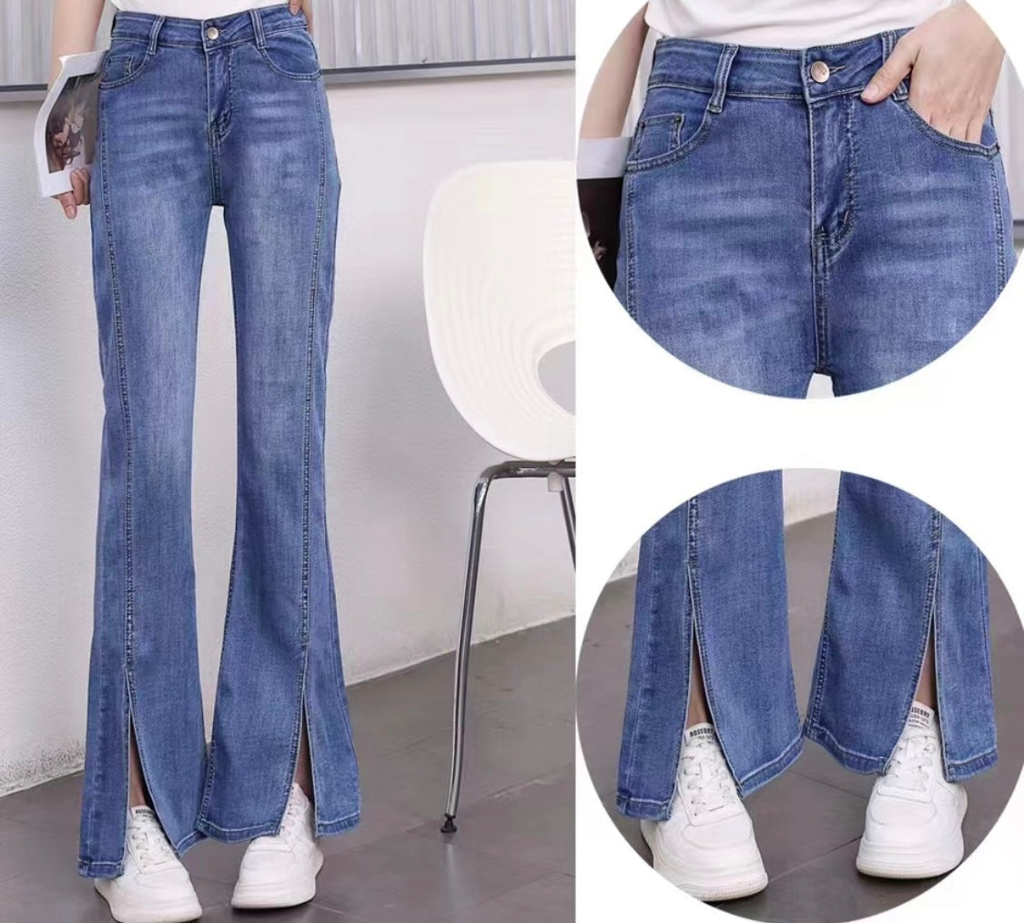 Mid Waist Washed Slit Bootcut Jeans