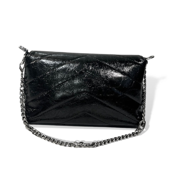 Black Patent Quilted Shoulder Bag with Chain Strap and Lock Closure