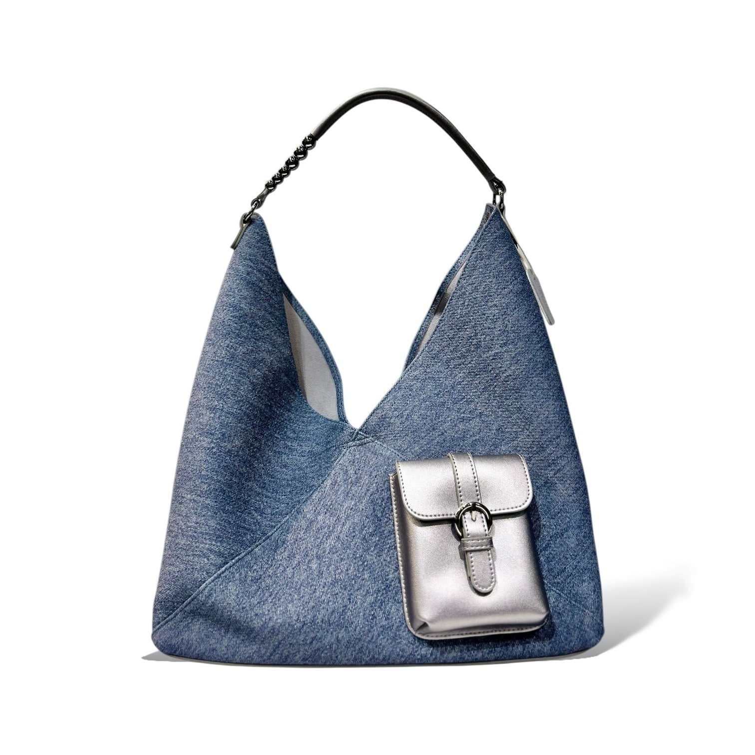 Denim-Effect Calfskin Hobo Bag with Metallic Mini Pocket