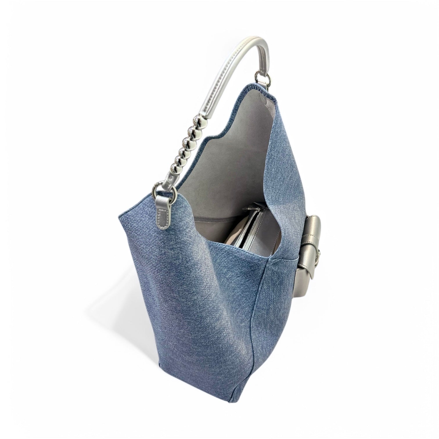 Denim-Effect Calfskin Hobo Bag with Metallic Mini Pocket