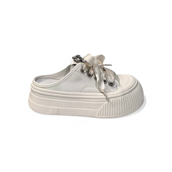 Jeweled Satin Platform Mule Flats