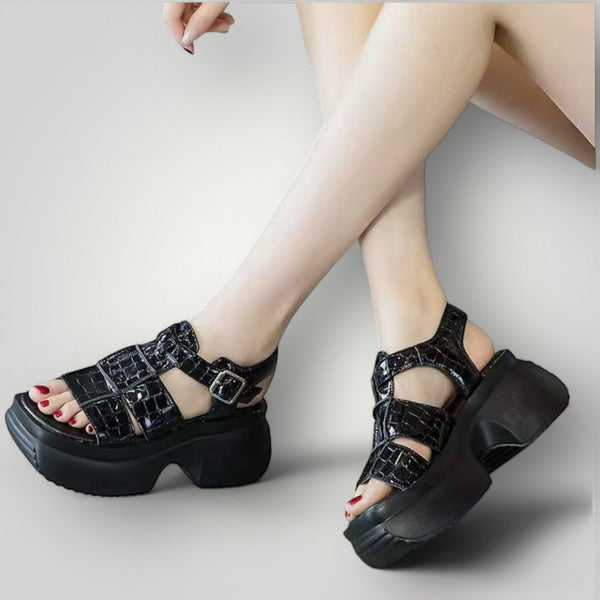 Gloss Croc-Embossed Platform Sandals