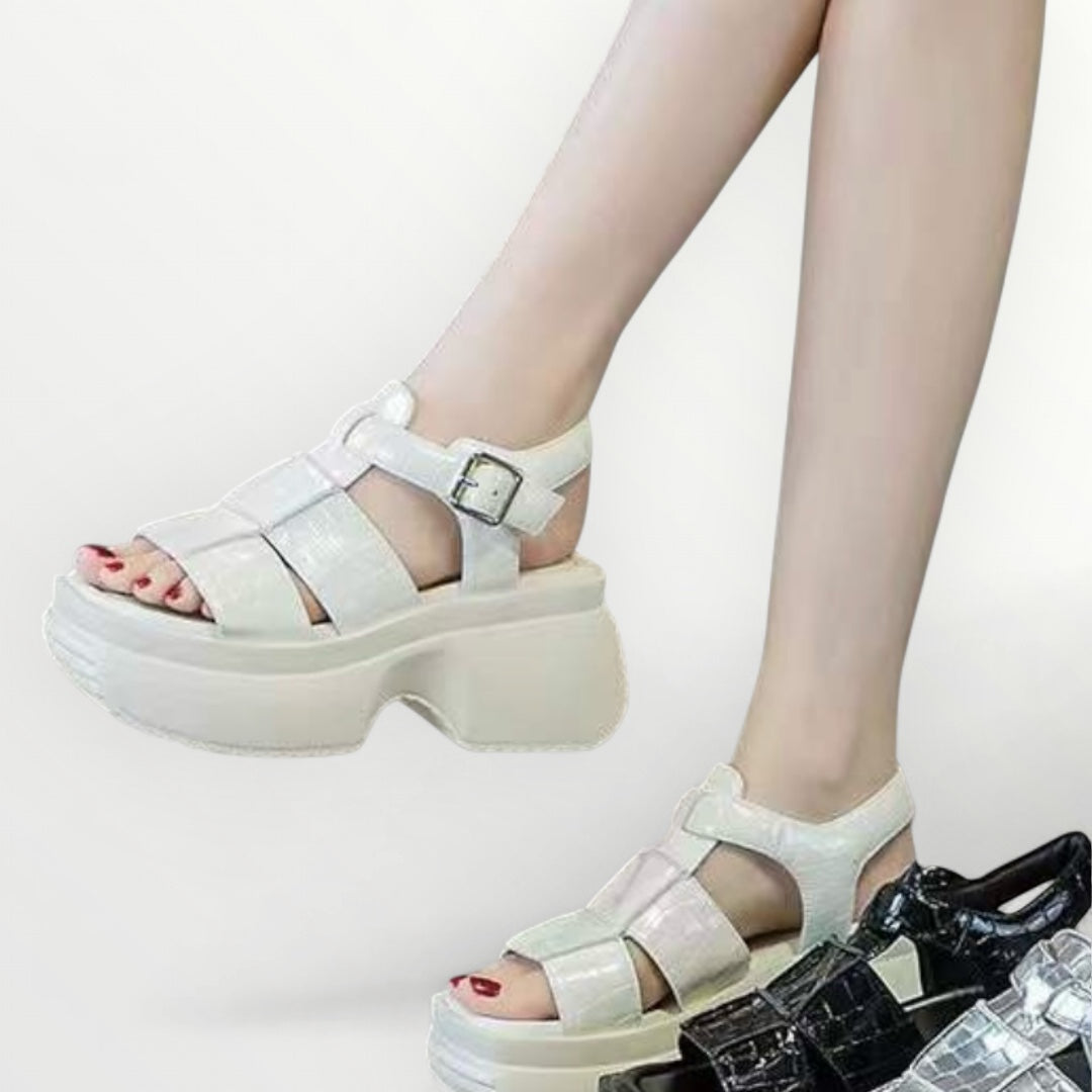 Gloss Croc-Embossed Platform Sandals