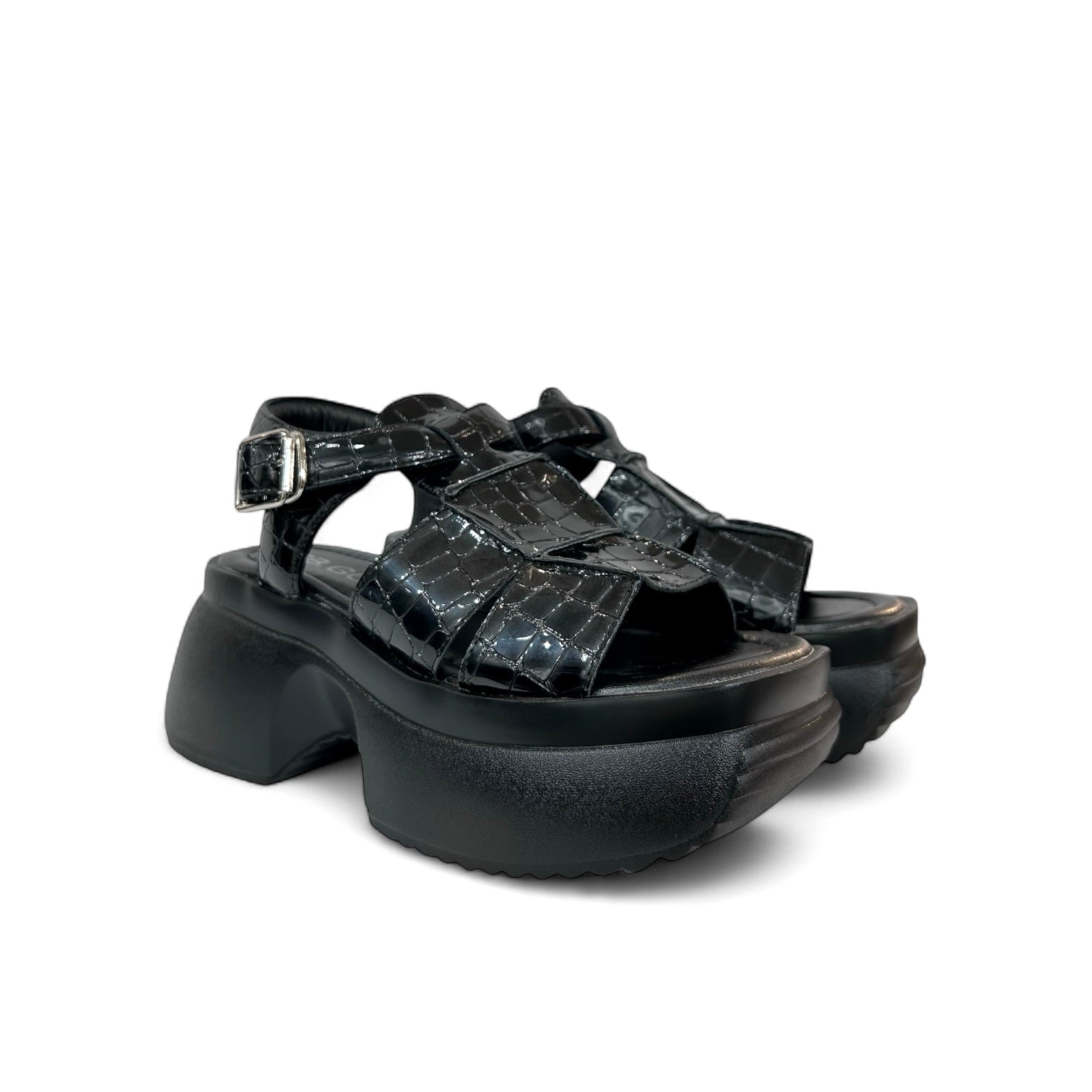 Gloss Croc-Embossed Platform Sandals