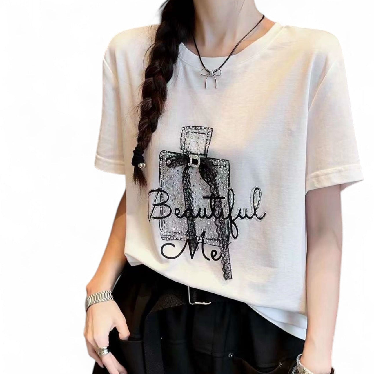 Pearl Embellished Cut-Out Tee
