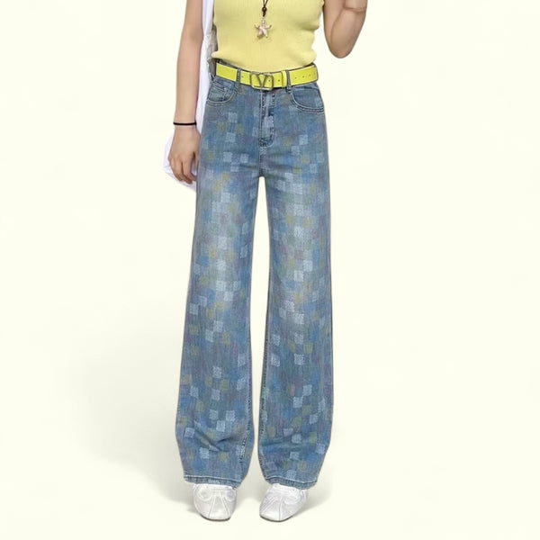 High-Rise Flare Denim Pants with Color Grid Accents