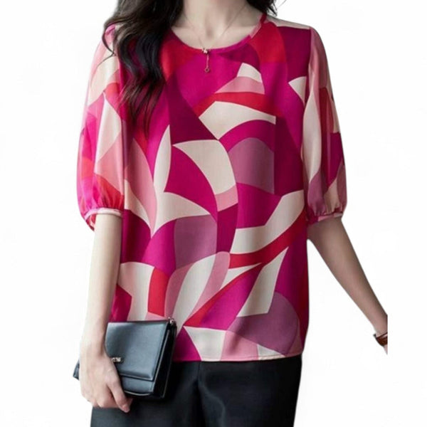 Pure Silk Fuchsia Lantern-Sleeve Blouse