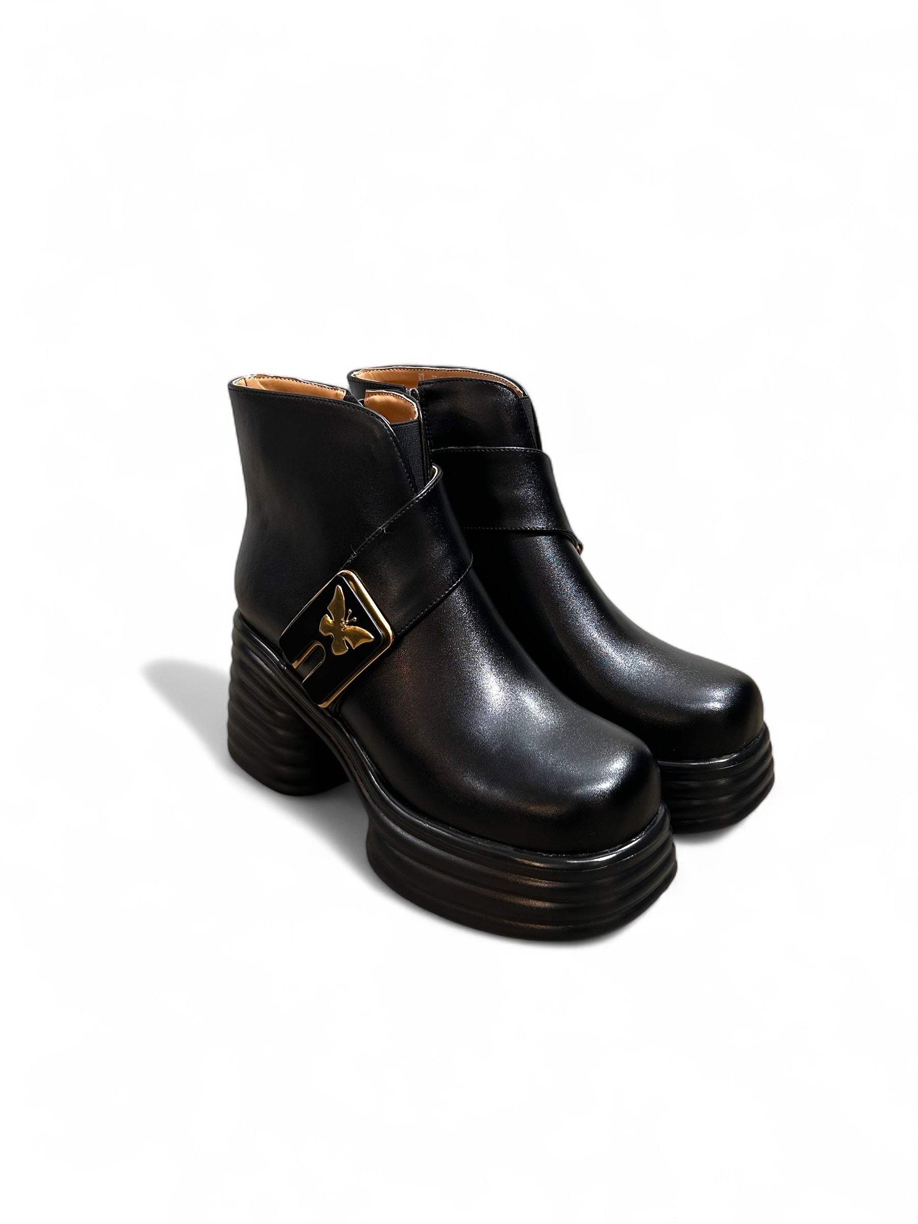 Black Butterfly Buckle Ankle Boots
