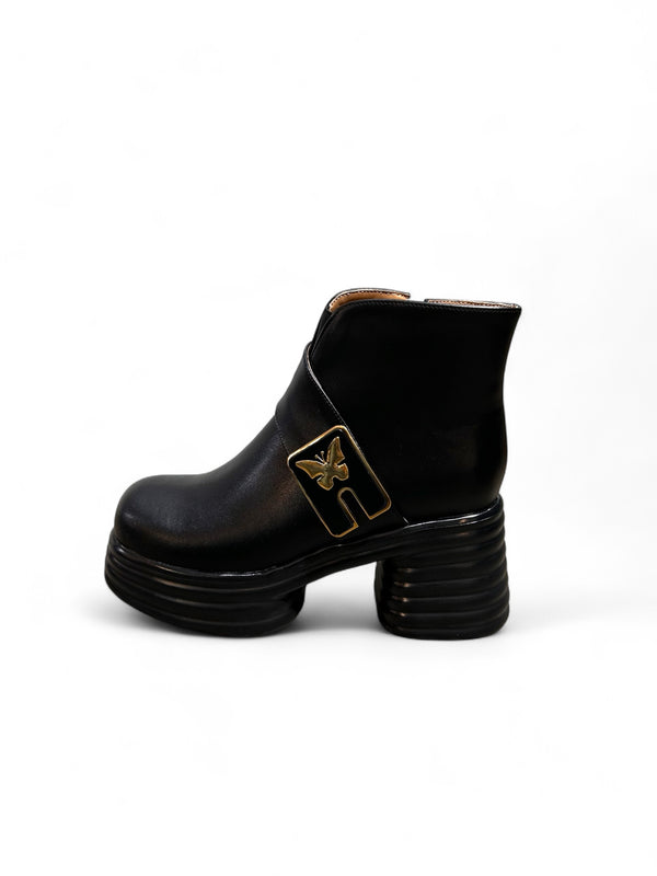 Black Butterfly Buckle Ankle Boots