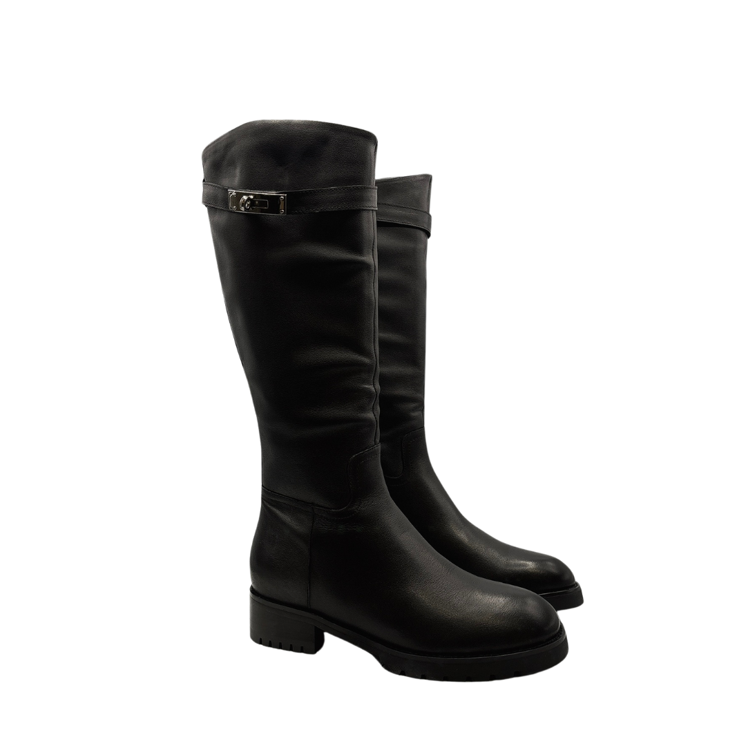 Black Leather Buckled Riding Boots