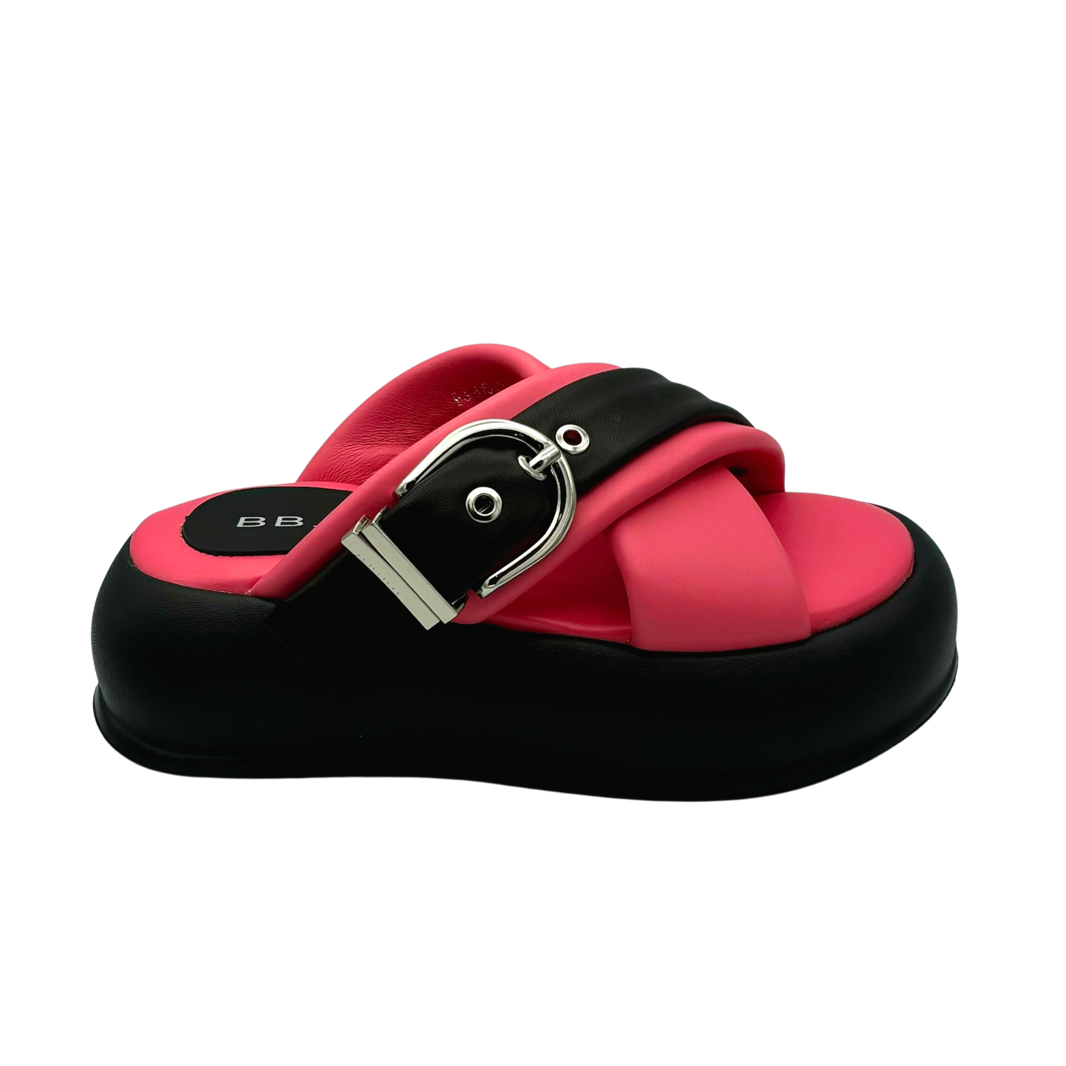 Open toe two tone buckle puffy decor thicker platform slippers