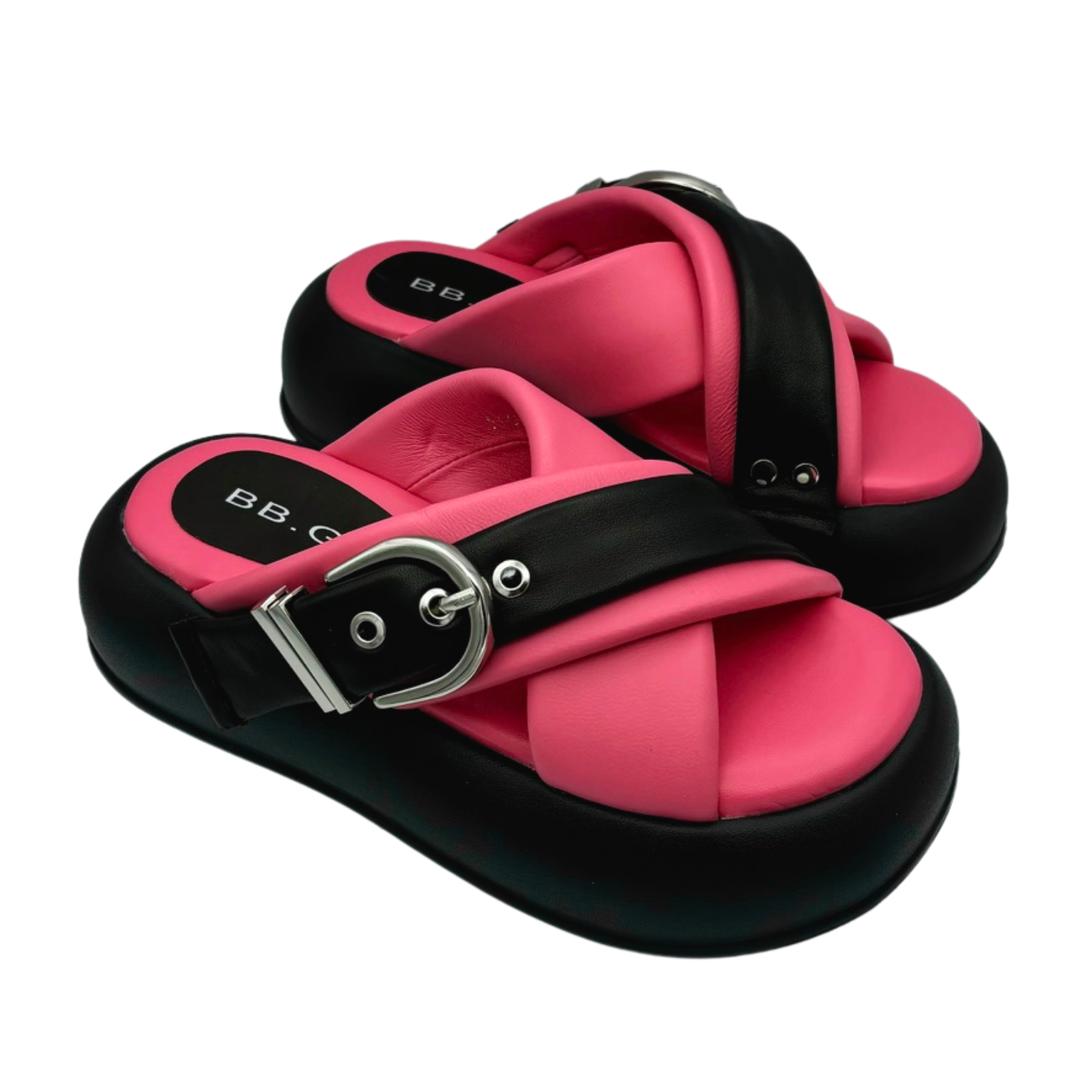 Open toe two tone buckle puffy decor thicker platform slippers