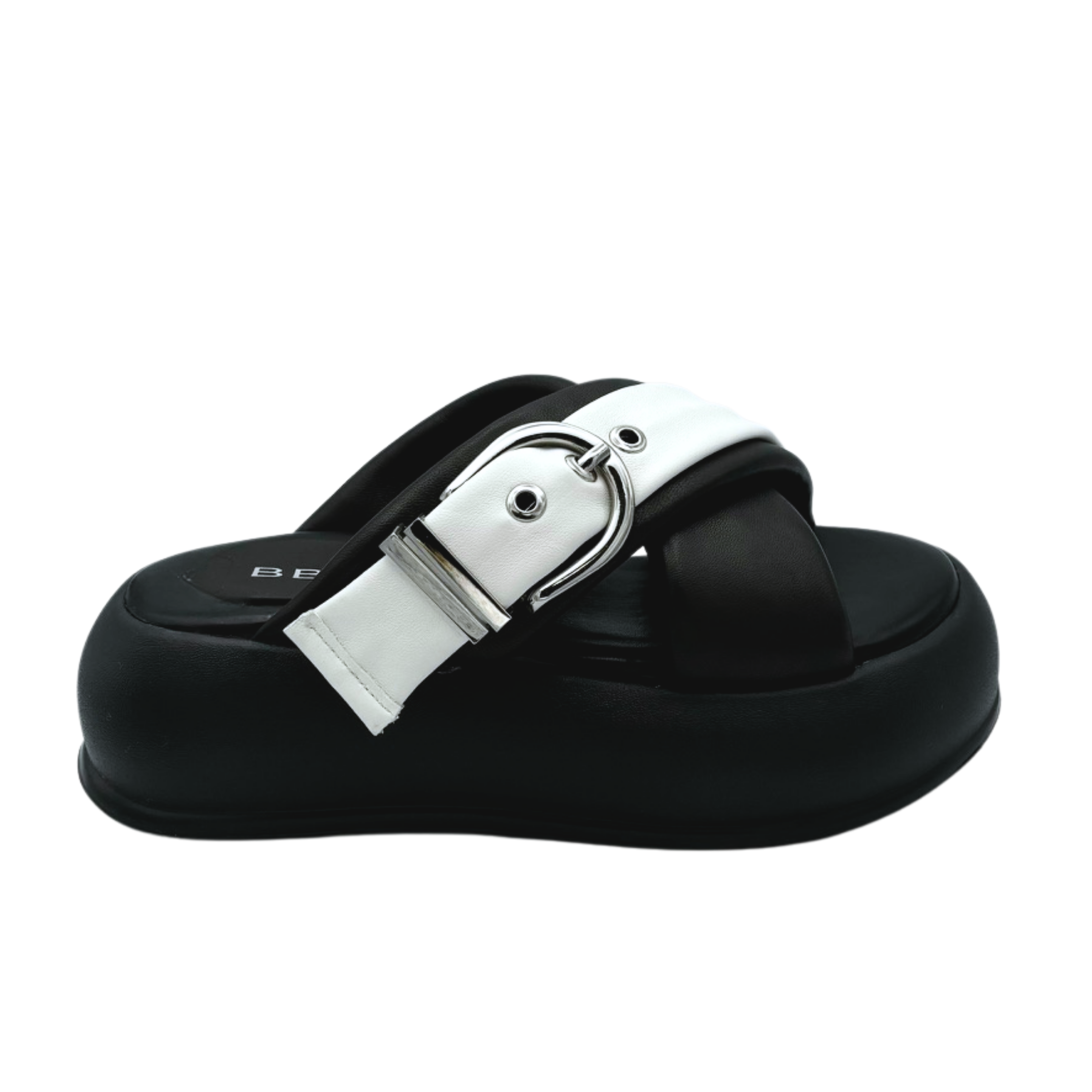 Open toe two tone buckle puffy decor thicker platform slippers