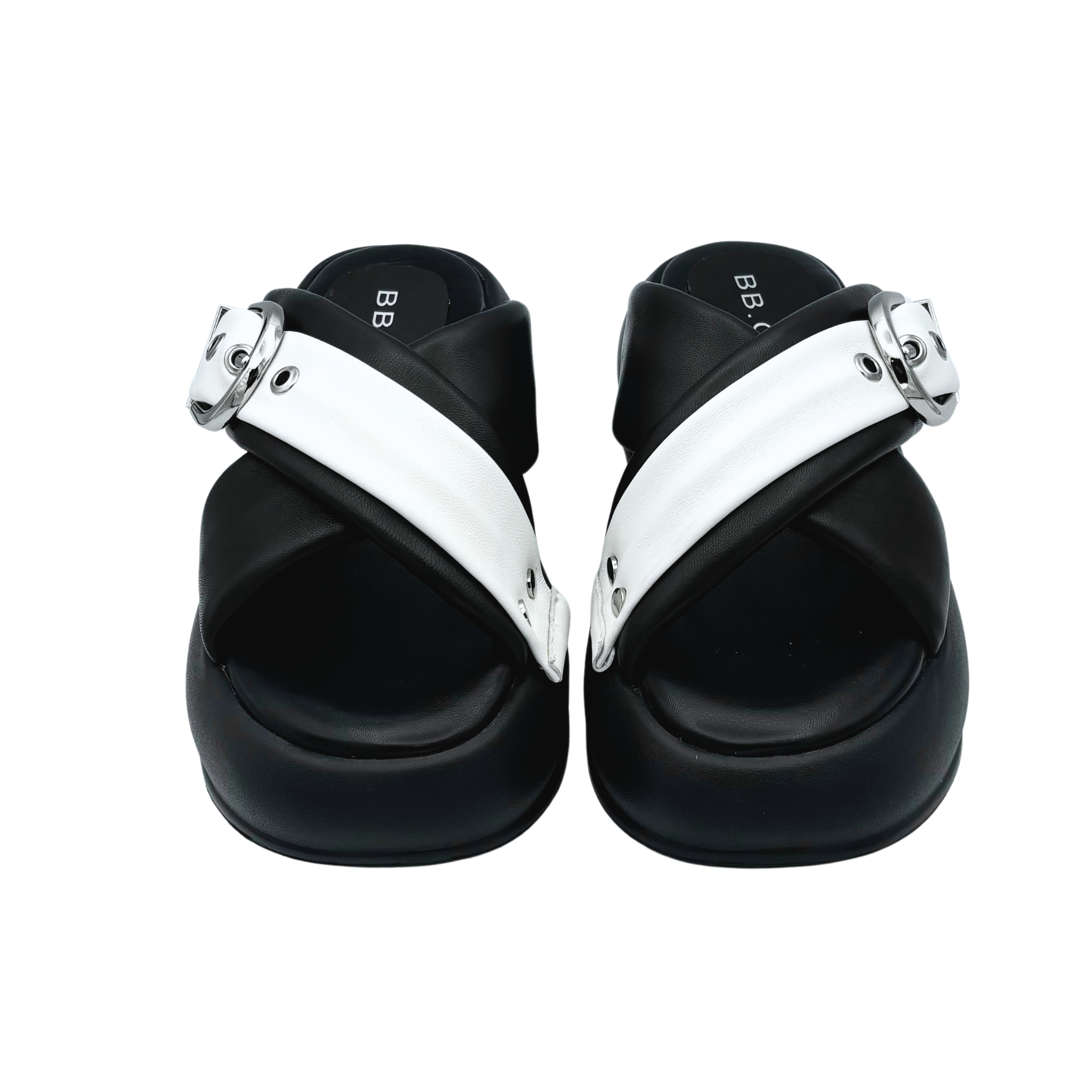 Open toe two tone buckle puffy decor thicker platform slippers