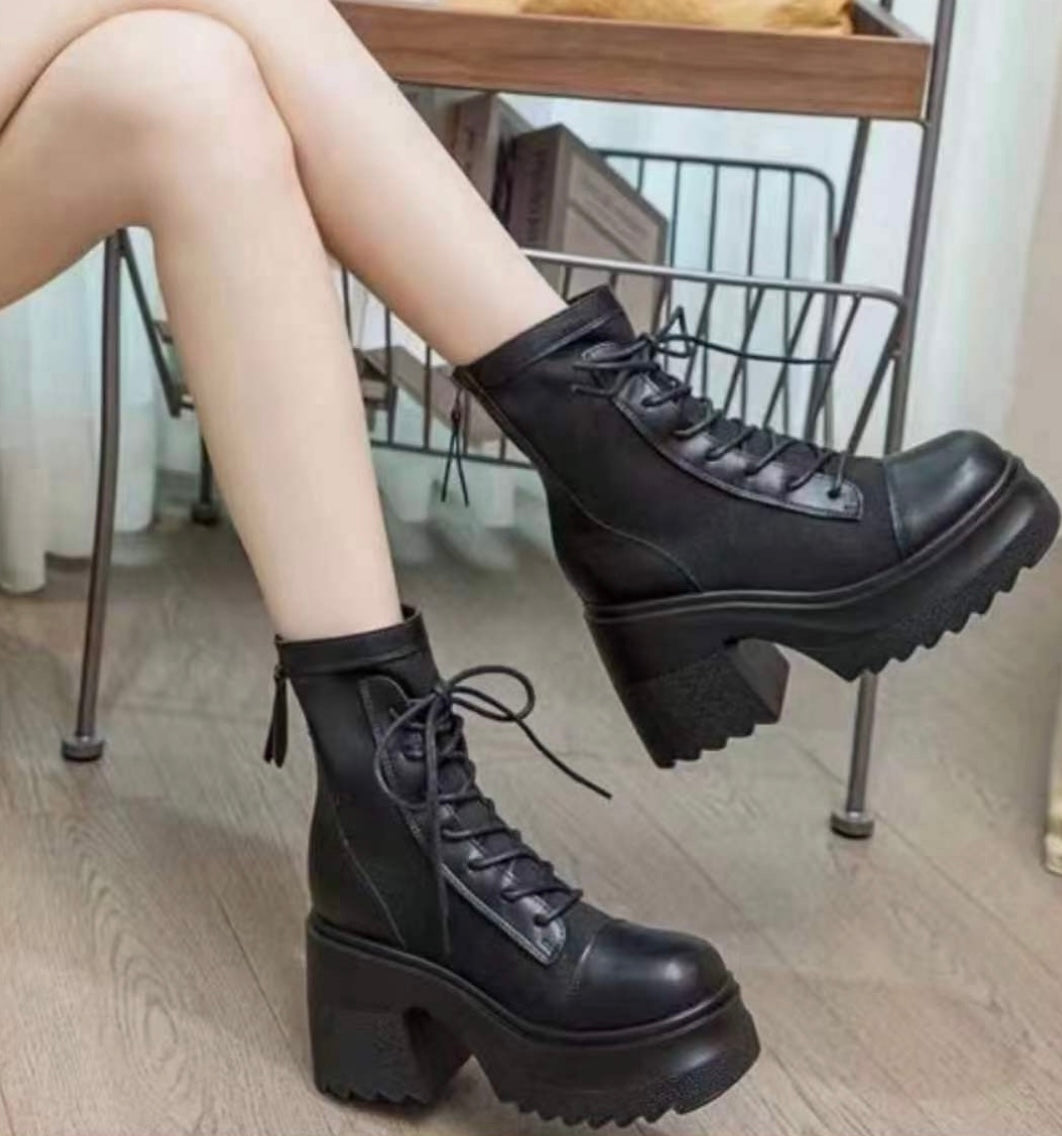 Lace-Up Mid Claf Leather Thicker Platform Boots