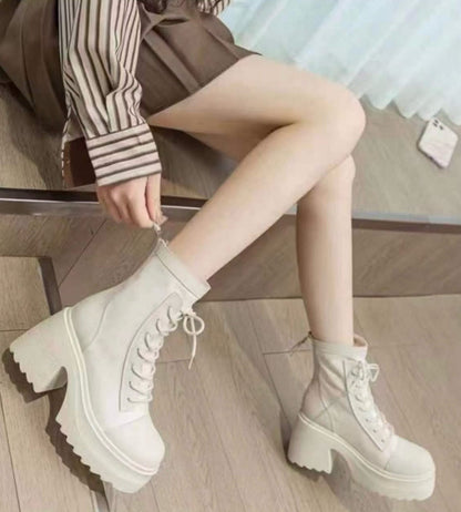 Lace-Up Mid Claf Leather Thicker Platform Boots