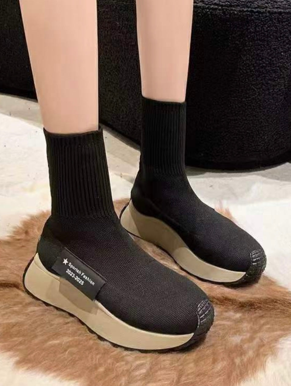 Letter Label Platform Knitted Sock Boots