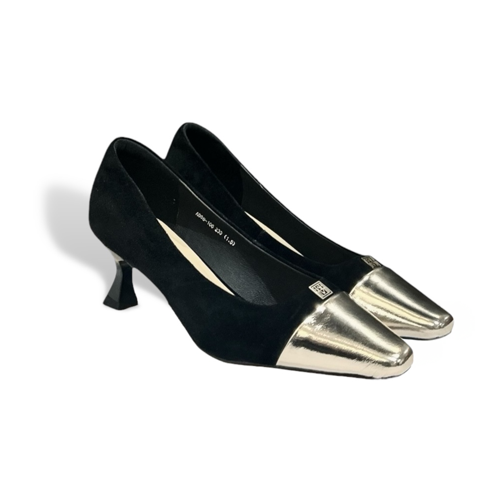 Black Velvet Kitten Heel Pumps with Metallic Gold Toe