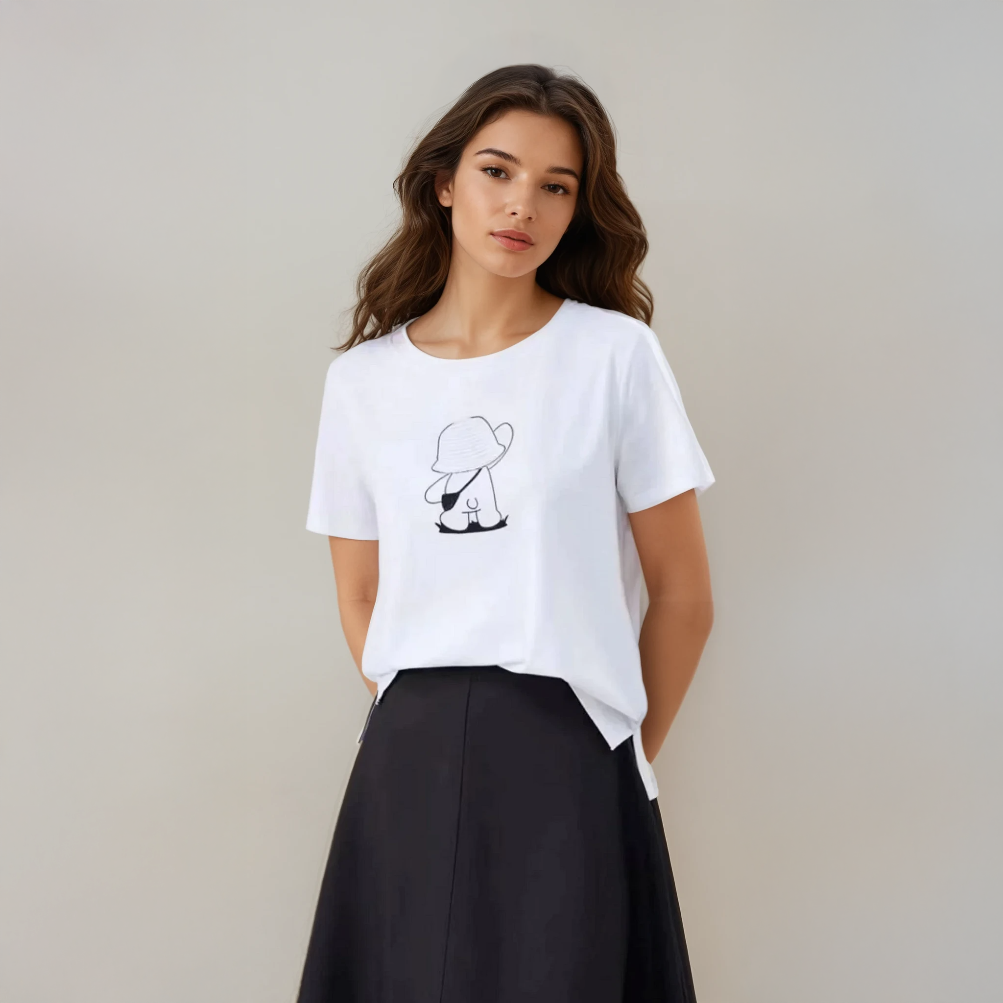 Whimsical Bear Silk-Cotton Blend Graphic Tee