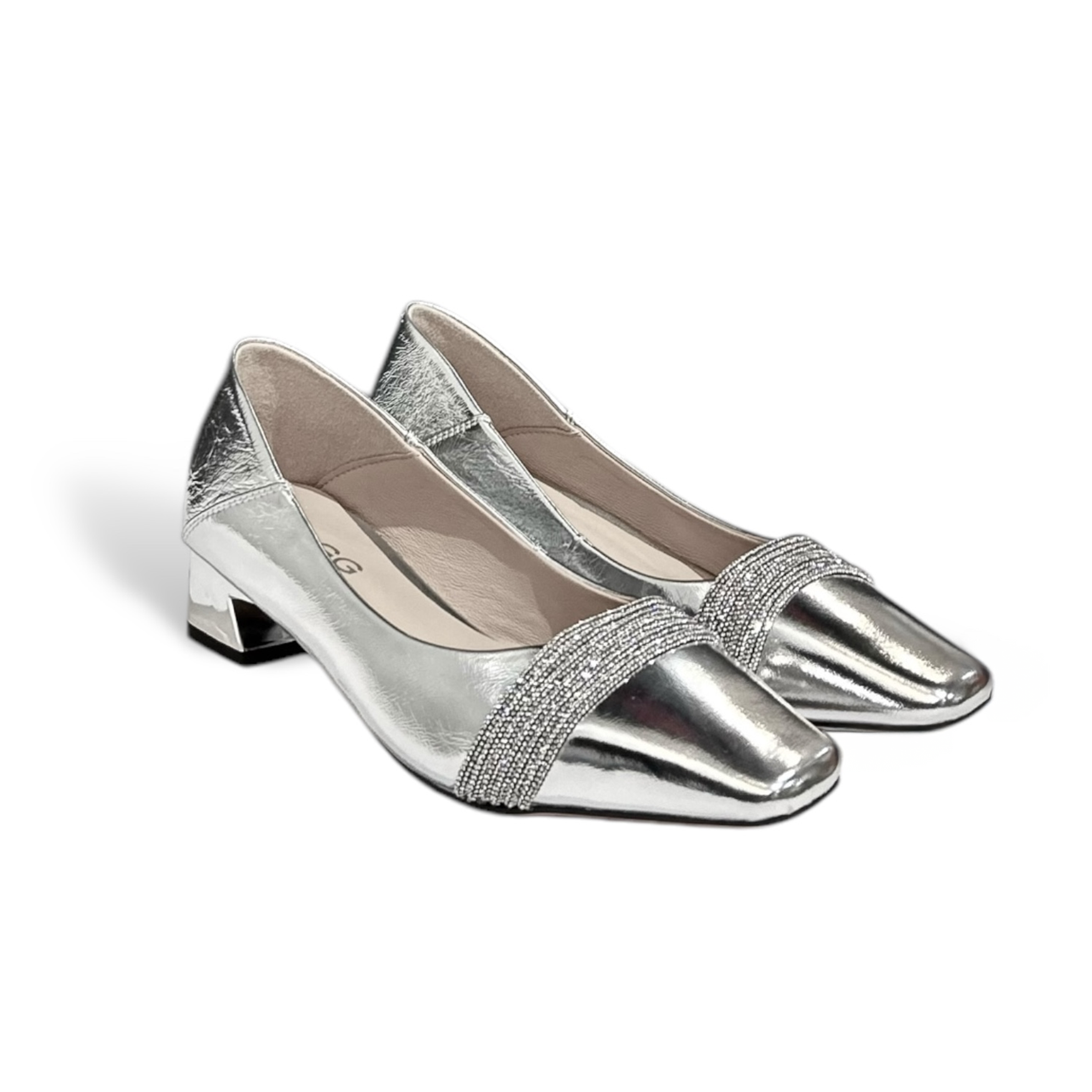 Silver Embellished Calfskin Square-Toe Kitten Heels