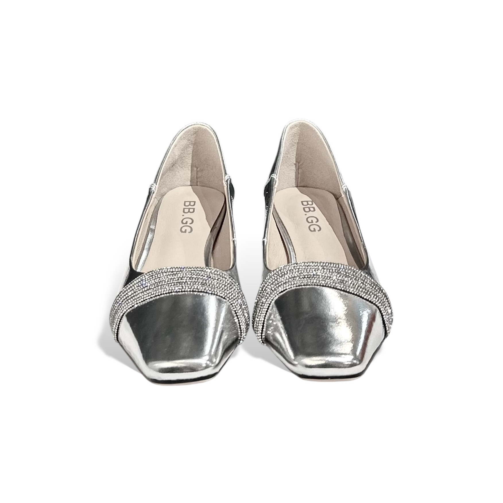 Silver Embellished Calfskin Square-Toe Kitten Heels