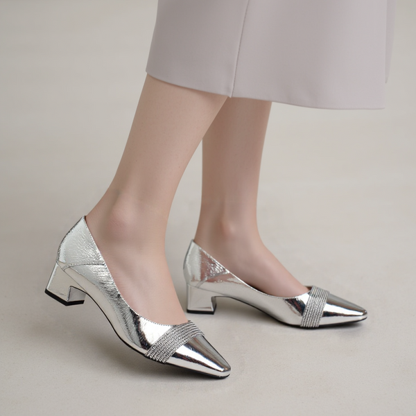 Silver Embellished Calfskin Square-Toe Kitten Heels