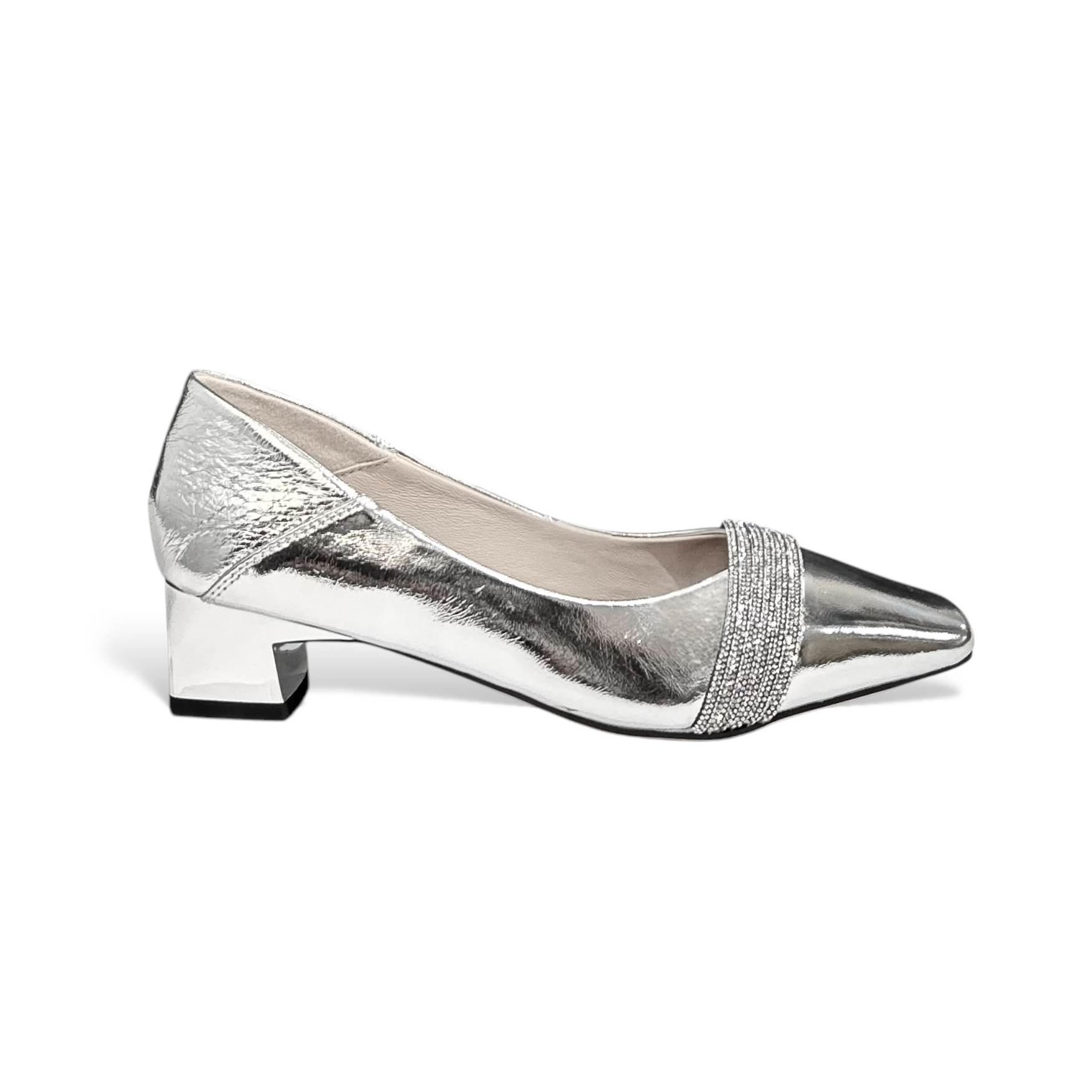 Silver Embellished Calfskin Square-Toe Kitten Heels