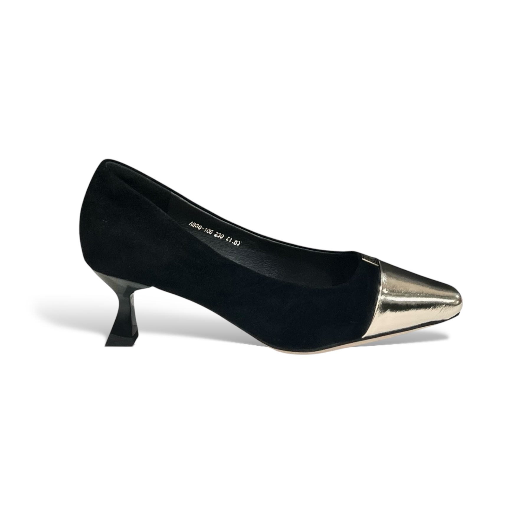 Black Velvet Kitten Heel Pumps with Metallic Gold Toe