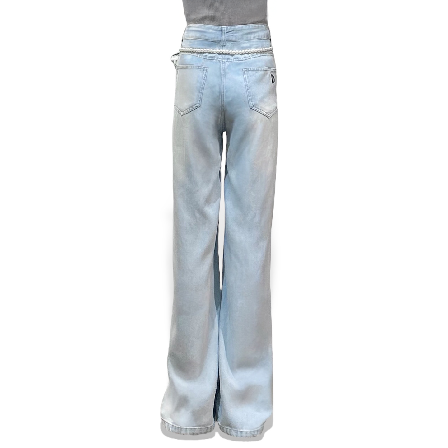 Pearl and Scarf Belted Wide-Leg Denim Trousers