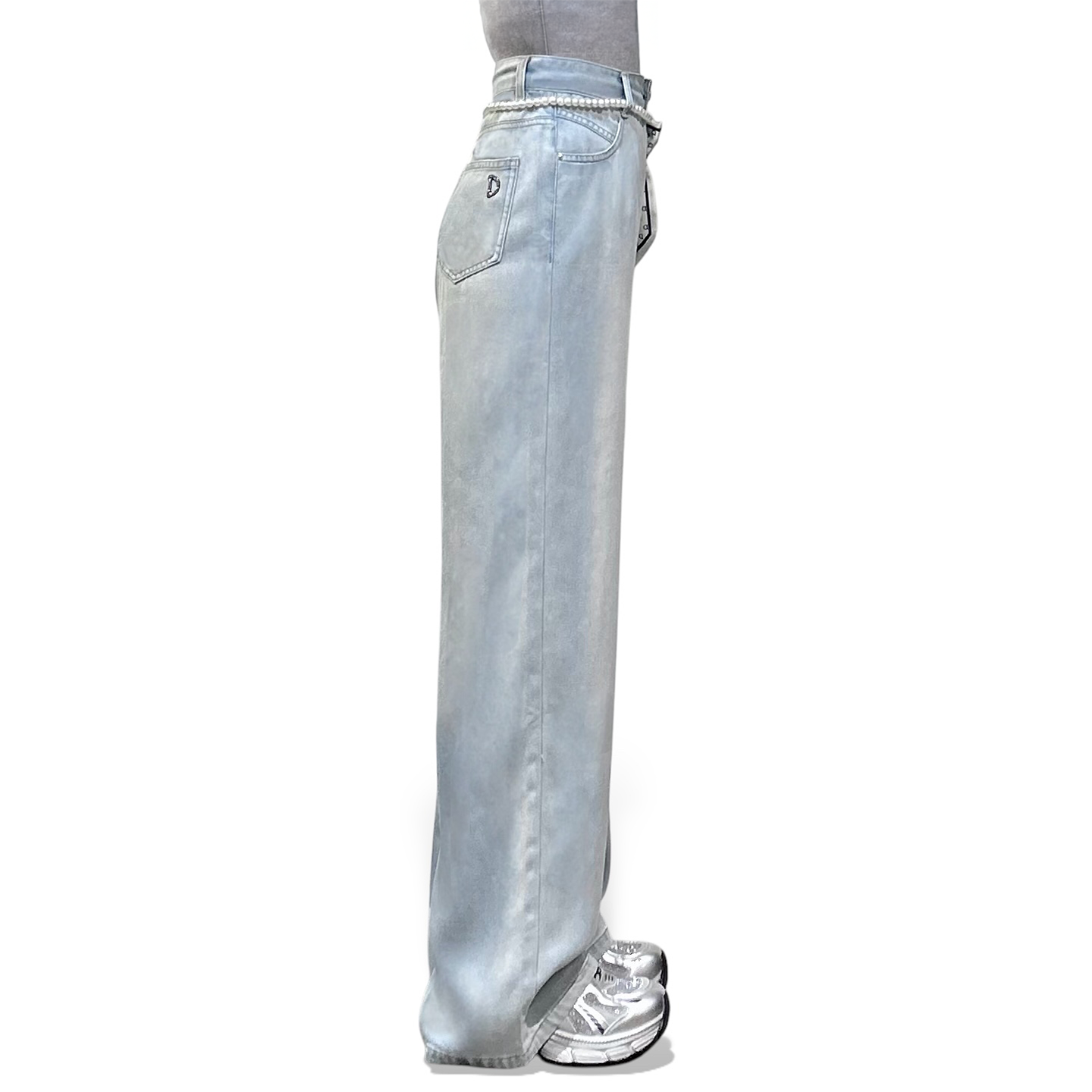 Pearl and Scarf Belted Wide-Leg Denim Trousers