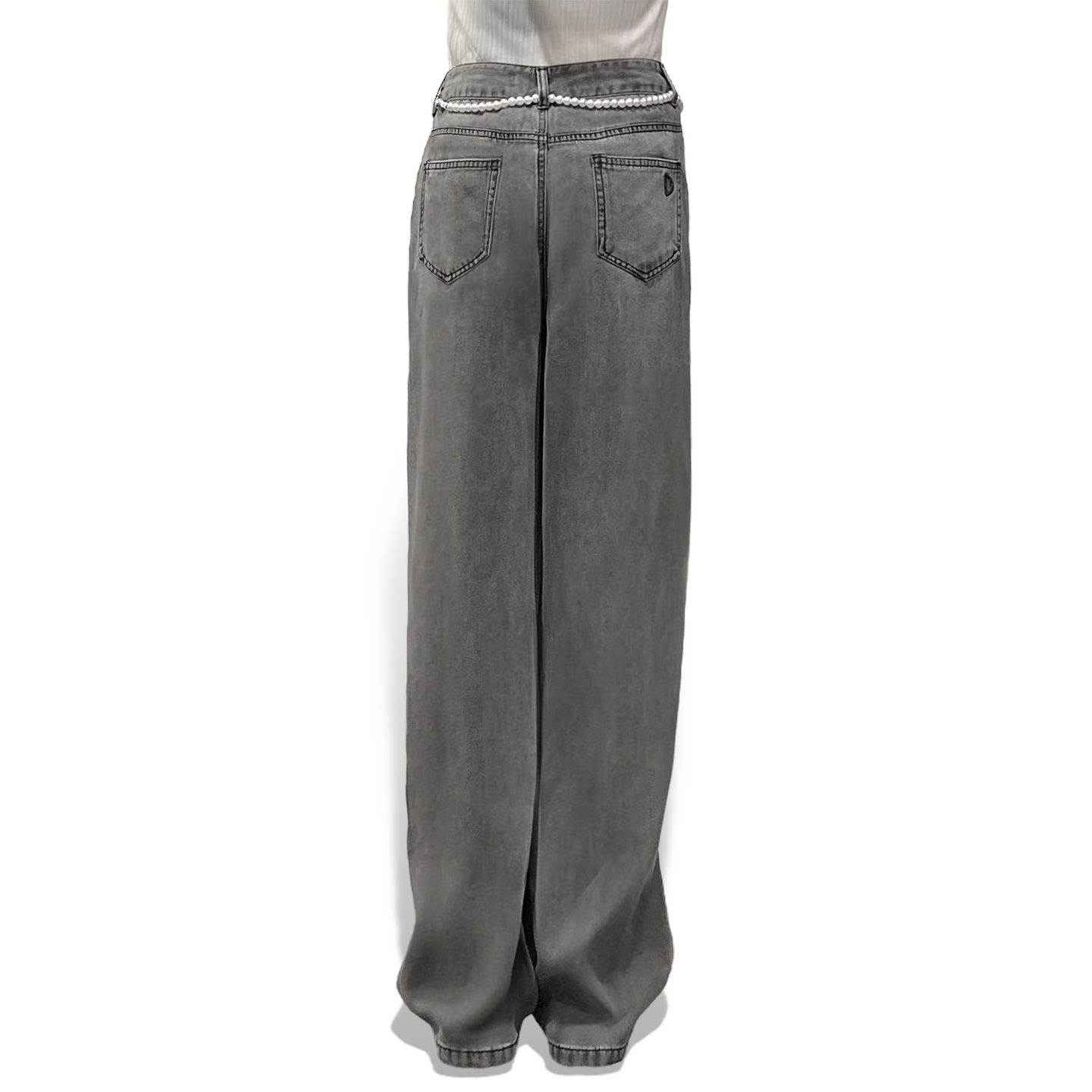 Pearl and Scarf Belted Wide-Leg Denim Trousers