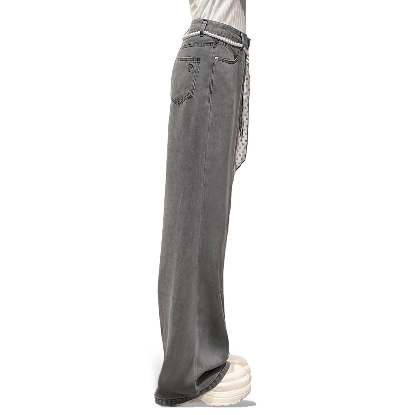 Pearl and Scarf Belted Wide-Leg Denim Trousers