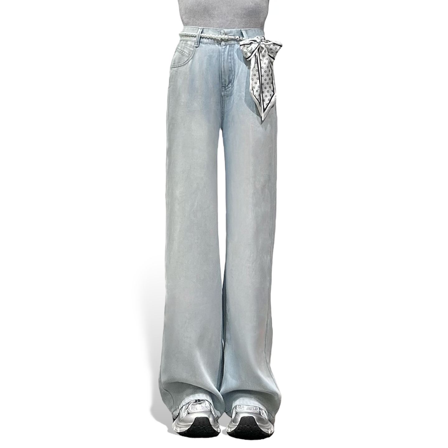 Pearl and Scarf Belted Wide-Leg Denim Trousers