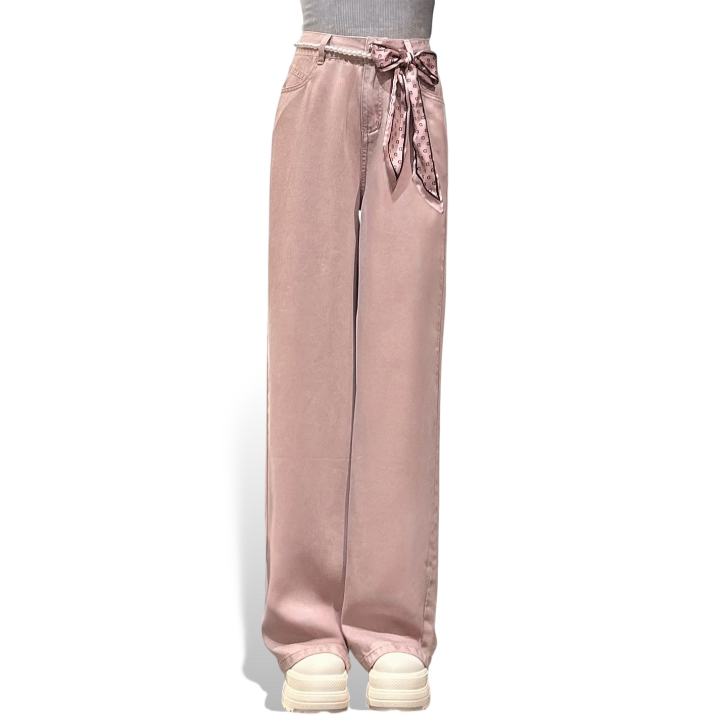 Pearl and Scarf Belted Wide-Leg Denim Trousers