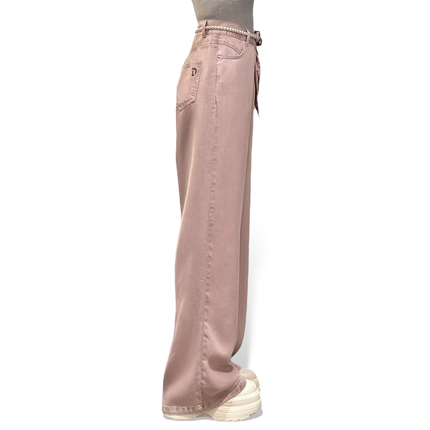 Pearl and Scarf Belted Wide-Leg Denim Trousers