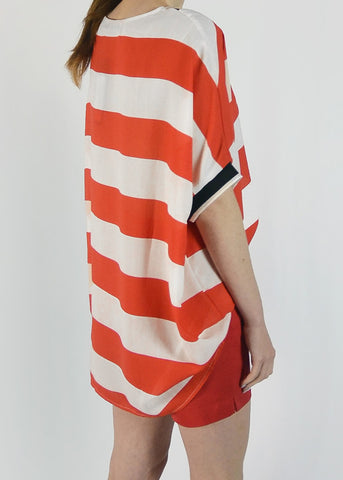 BB.GG V-neck stripe pattern silk oversize trendy blouse